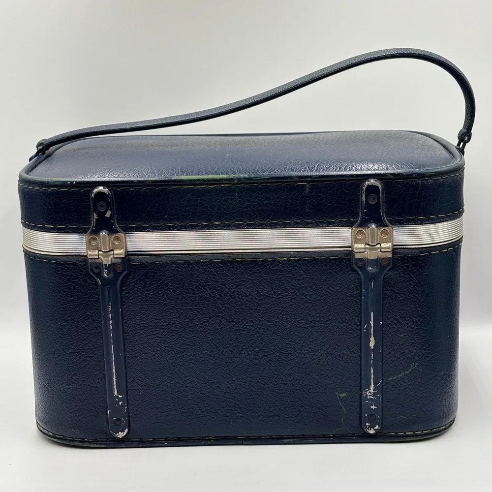Vintage Amelia Earhart Train Case Navy Blue Hard Shell Vanity Makeup Travel Bag